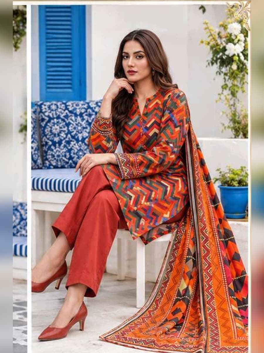 Premium Linen Collection 2026 Printed Linen 3-Piece Suit (Vol. 176, Art. 03) – Rust Chevron — Rust Chevron, image 1