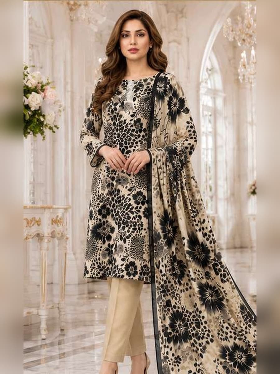 Premium Linen Collection 2026 Printed Linen 3-Piece Suit (Vol. 176, Art. 10) – Ivory Noir — Ivory Noir, image 1