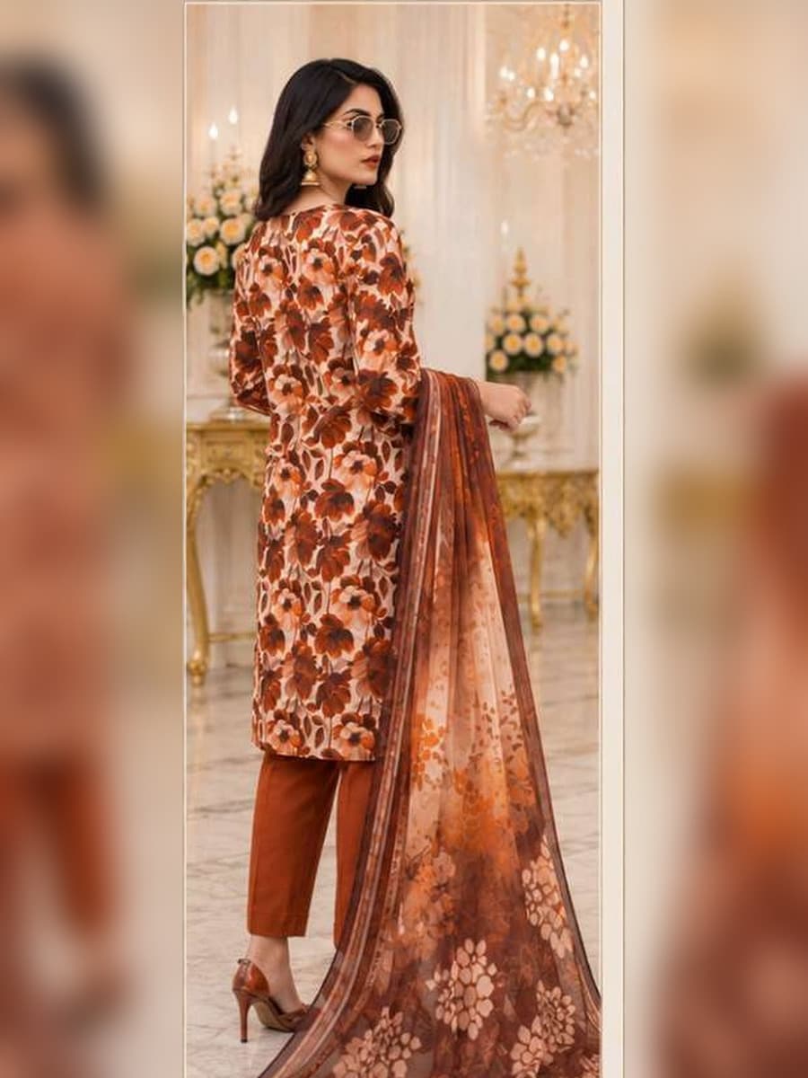 Premium Linen Collection 2026 Printed Linen 3-Piece Suit (Vol. 176, Art. 13) – Copper Floral — Copper Floral, image 1