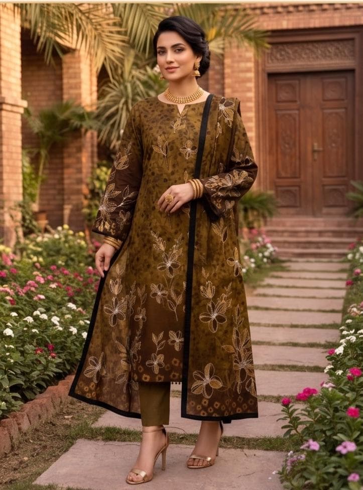 CROWN BY SAPPHIRE - Premium Viscose Suit (Vol. 478) — Olive / Antique Gold, image 1