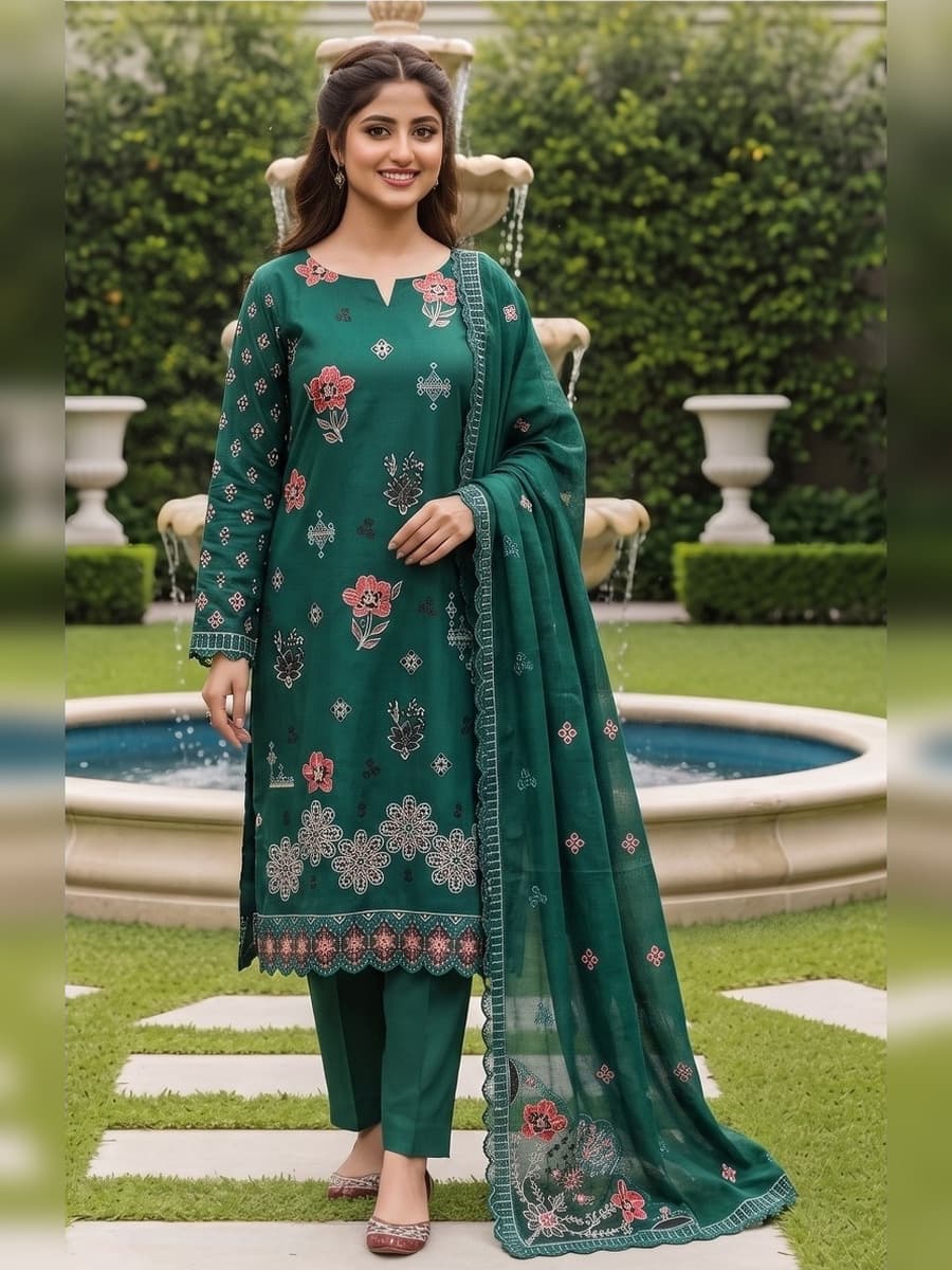 Sarang Viscose Slub Embroidered 3-Piece Suit (Vol. 104) – Bottle Green — Bottle Green, image 1