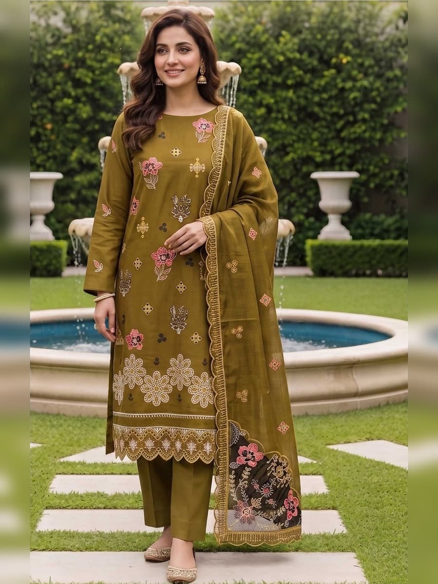 Sarang Viscose Slub Embroidered 3-Piece Suit (Vol. 104) – Mehndi Olive