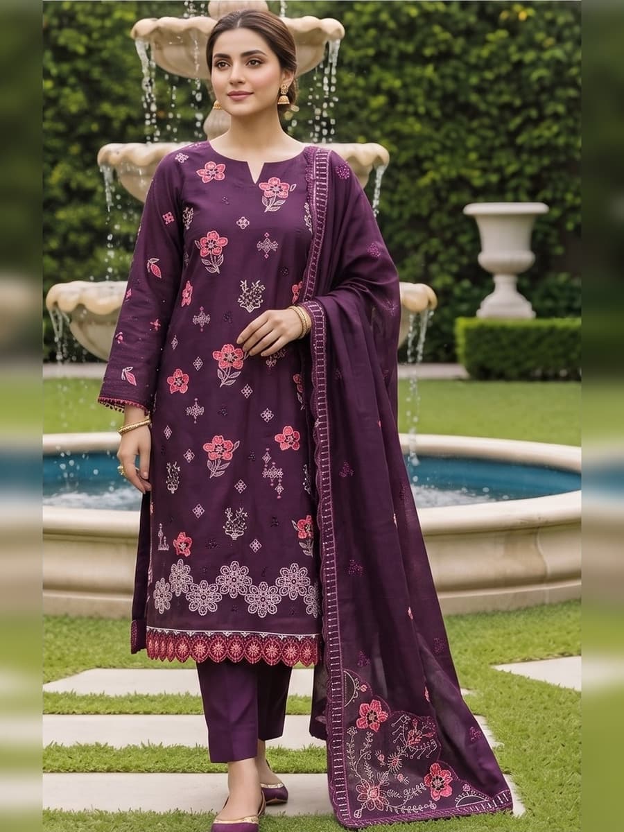 Sarang Viscose Slub Embroidered 3-Piece Suit (Vol. 104) – Plum