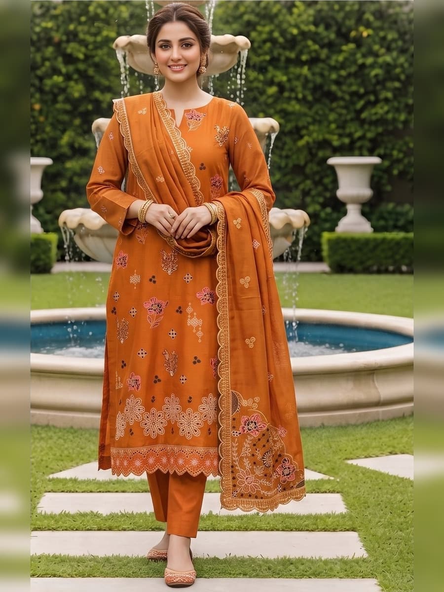Sarang Viscose Slub Embroidered 3-Piece Suit (Vol. 104) – Rust Orange