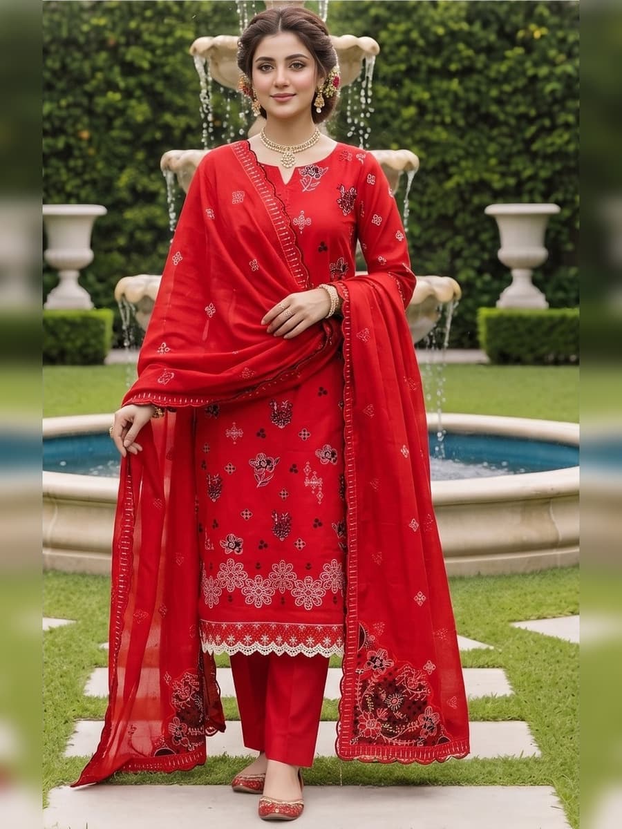 Sarang Viscose Slub Embroidered 3-Piece Suit (Vol. 104) – Scarlet Red — Scarlet Red, image 1