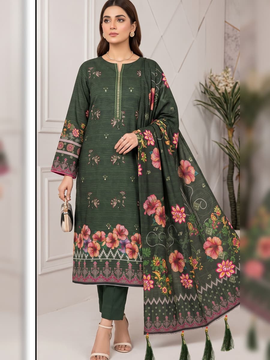 Digital Premium Dhanak 3-Piece Suit (Vol. 4403, Art. 03) – Bottle Green — Bottle Green, image 1