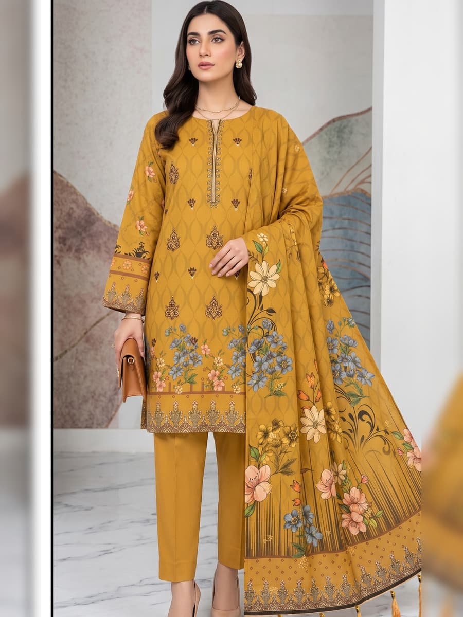 Digital Premium Dhanak 3-Piece Suit (Vol. 4403, Art. 08) – Mustard — Mustard, image 1