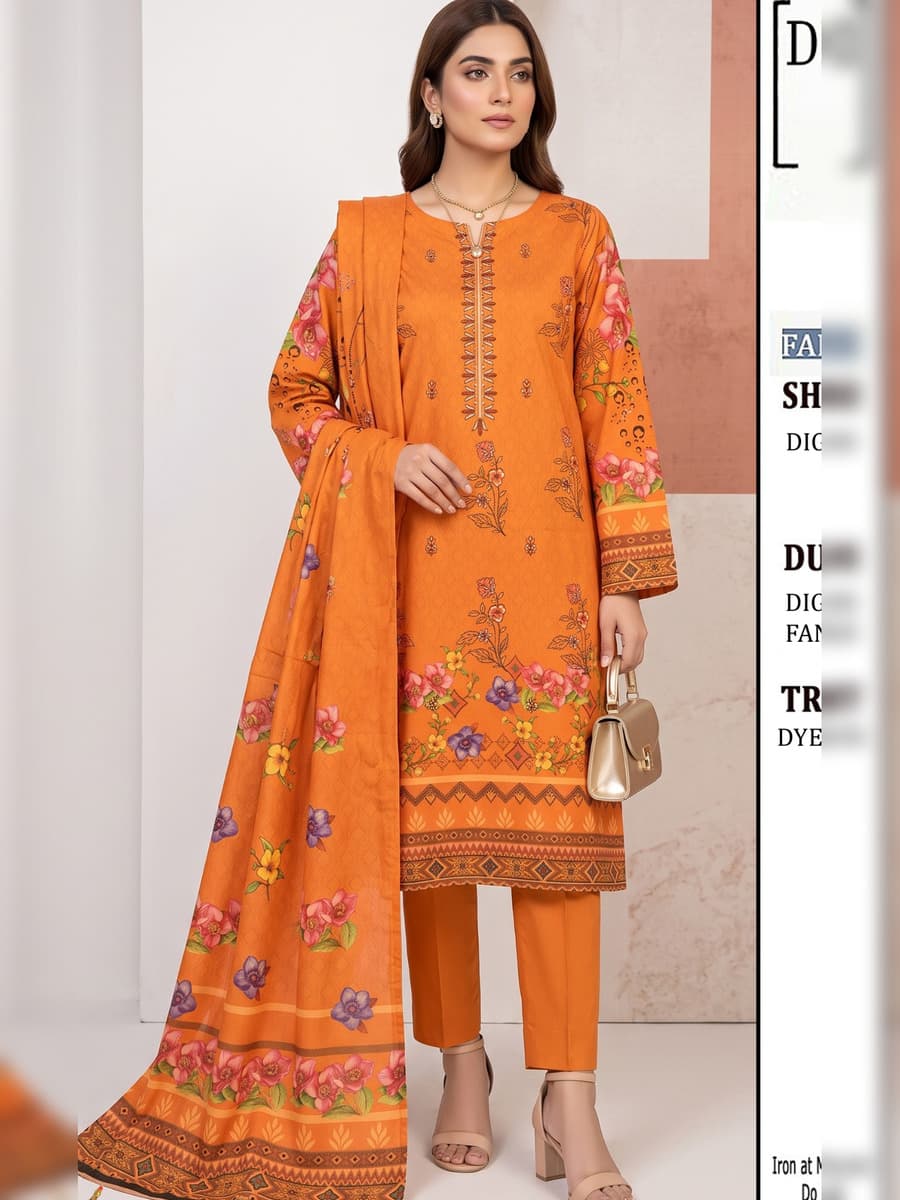 Digital Premium Dhanak 3-Piece Suit (Vol. 4403, Art. 09) – Orange — Orange, image 1