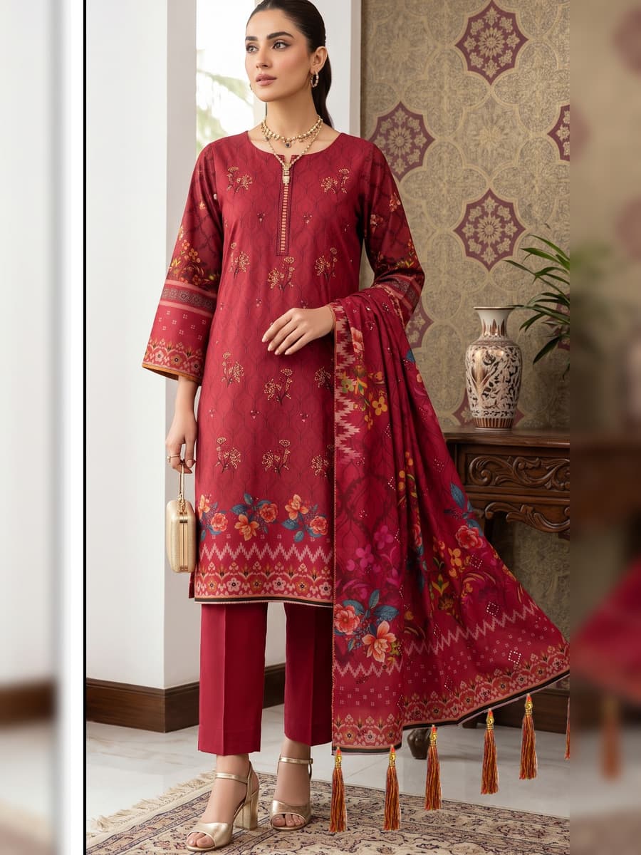 Digital Premium Dhanak 3-Piece Suit (Vol. 4403, Art. 10) – Maroon — Maroon, image 1