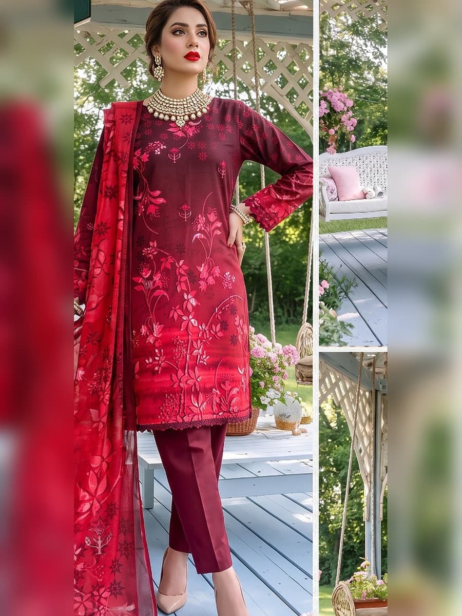 Premium Printed Linen 3-Piece Suit (Vol. 182, Art. 01) – Crimson Red — Crimson Red, image 1