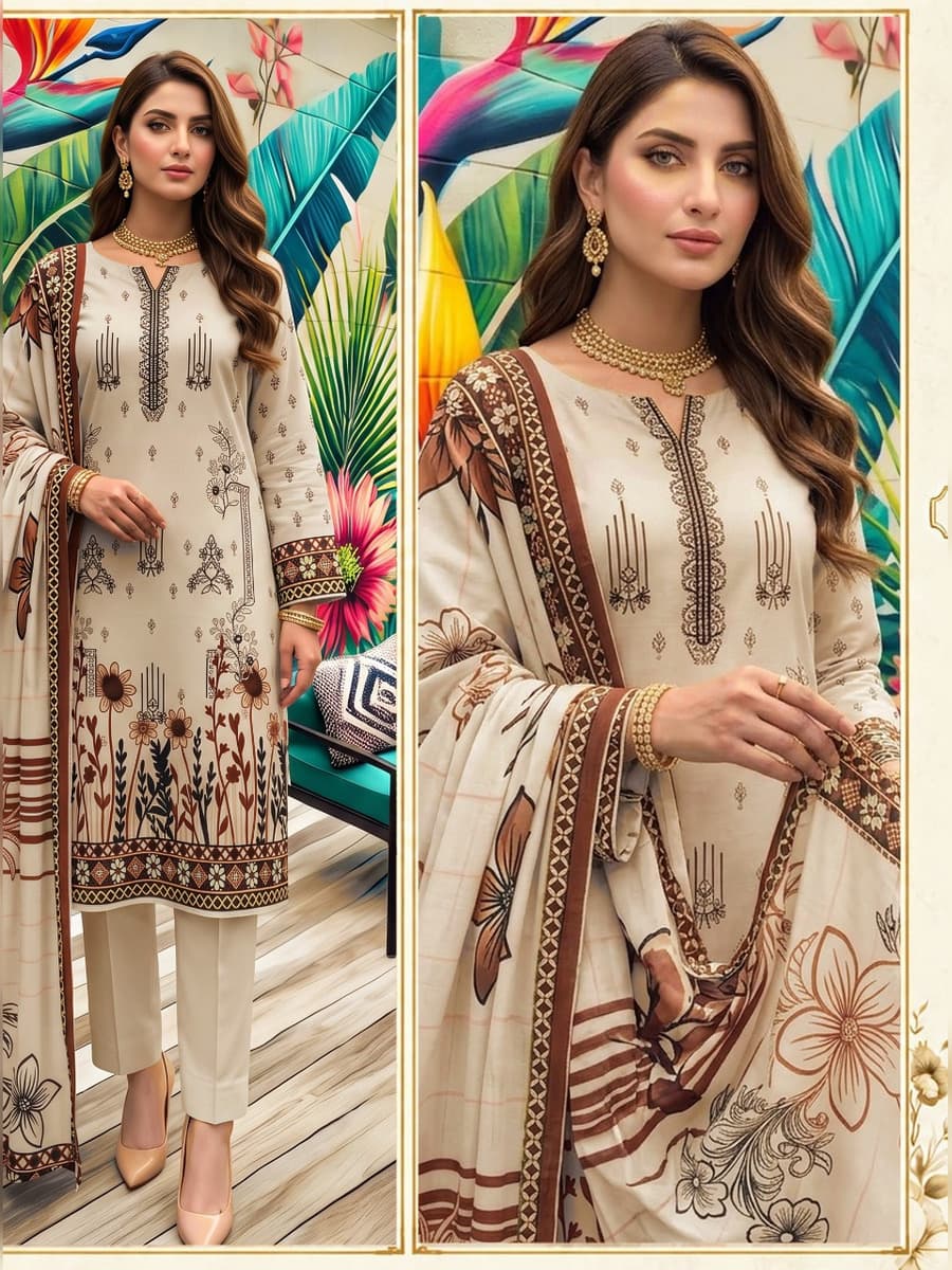Premium Karandi Collection 3-Piece Suit (Vol. 475, Art. 03) – Ivory Brown — Ivory Brown, image 1