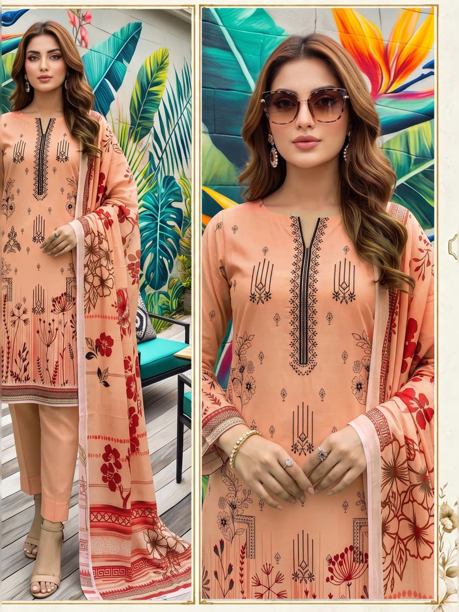 Premium Karandi Collection 3-Piece Suit (Vol. 475, Art. 04) – Peach — Peach, image 1