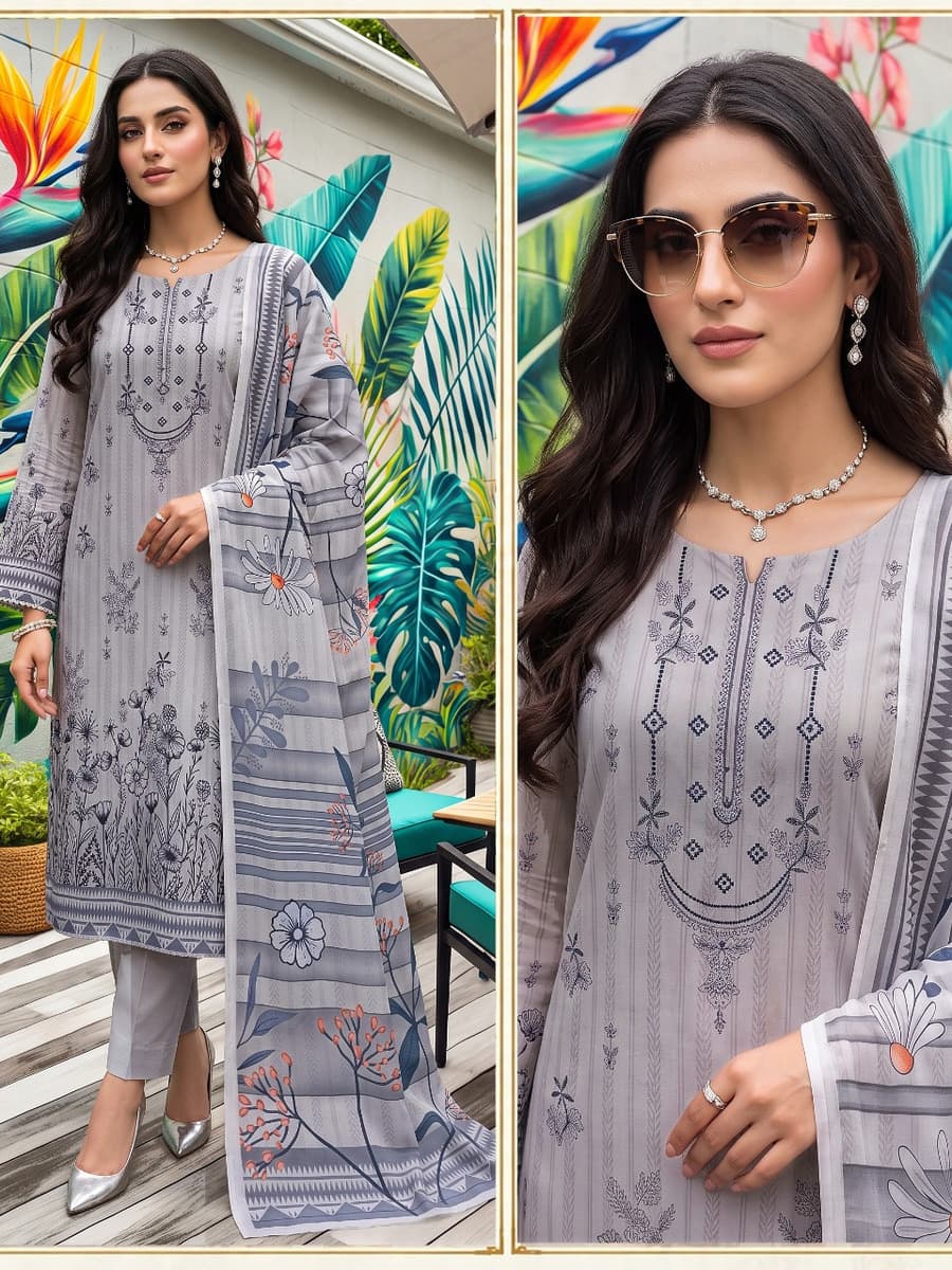 Premium Karandi Collection 3-Piece Suit (Vol. 475, Art. 07) – Silver Lilac — Silver Lilac, image 1